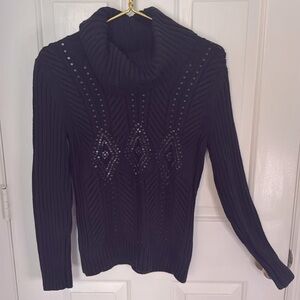 Talbots Black Cowl Neck Heavy  Sweater with Ribbed Texture and Sequins